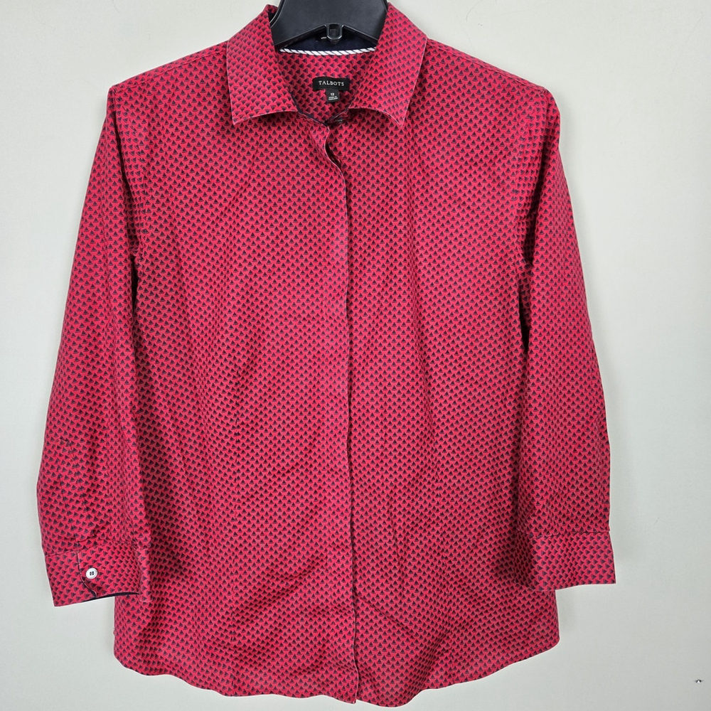 Talbots Womens Geometric Button Up Top Size 12 Red Stretch Office Career Mature
